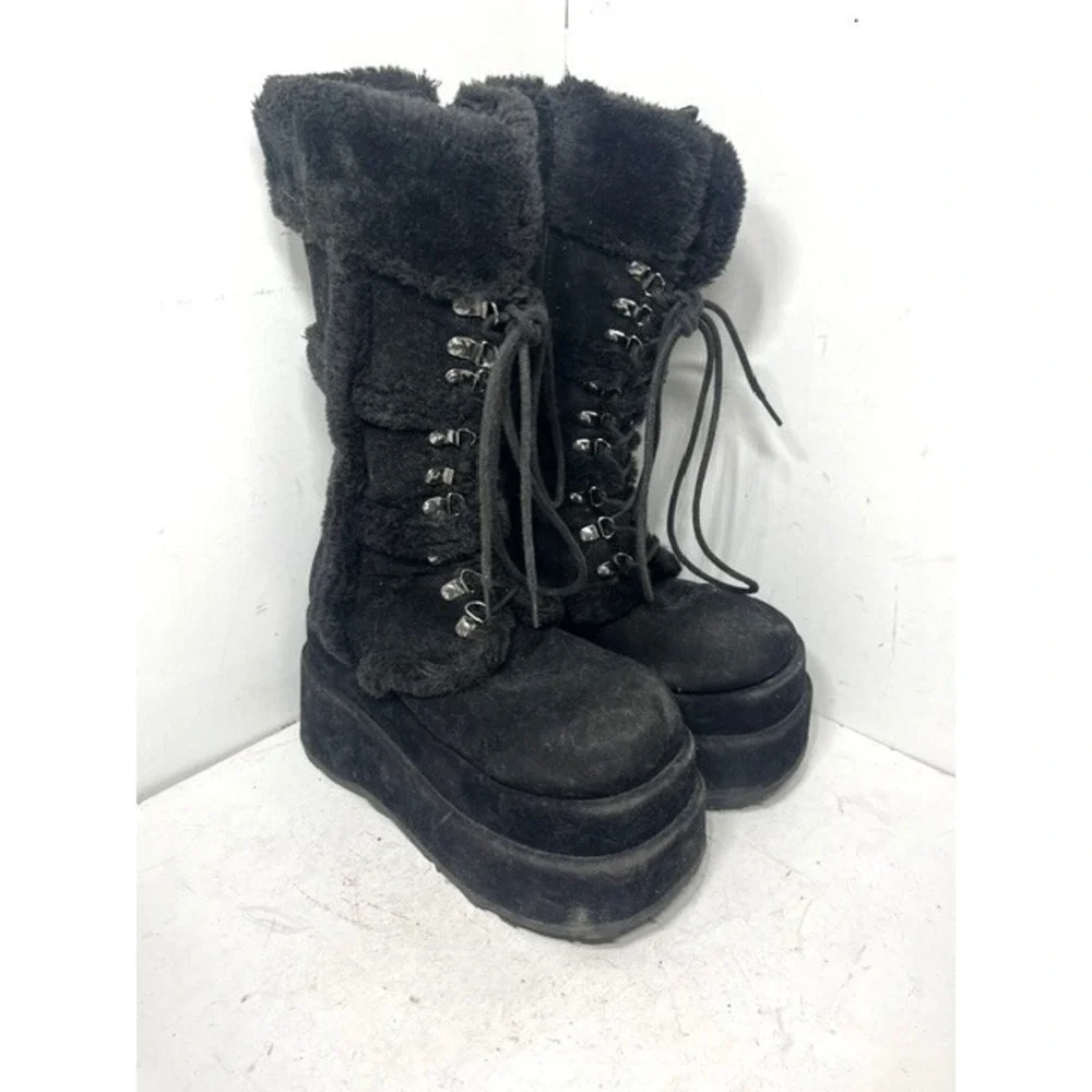 Demonia Bear-202 Black Faux Suede Fur Trim Platform Wedge Boots Womens 10